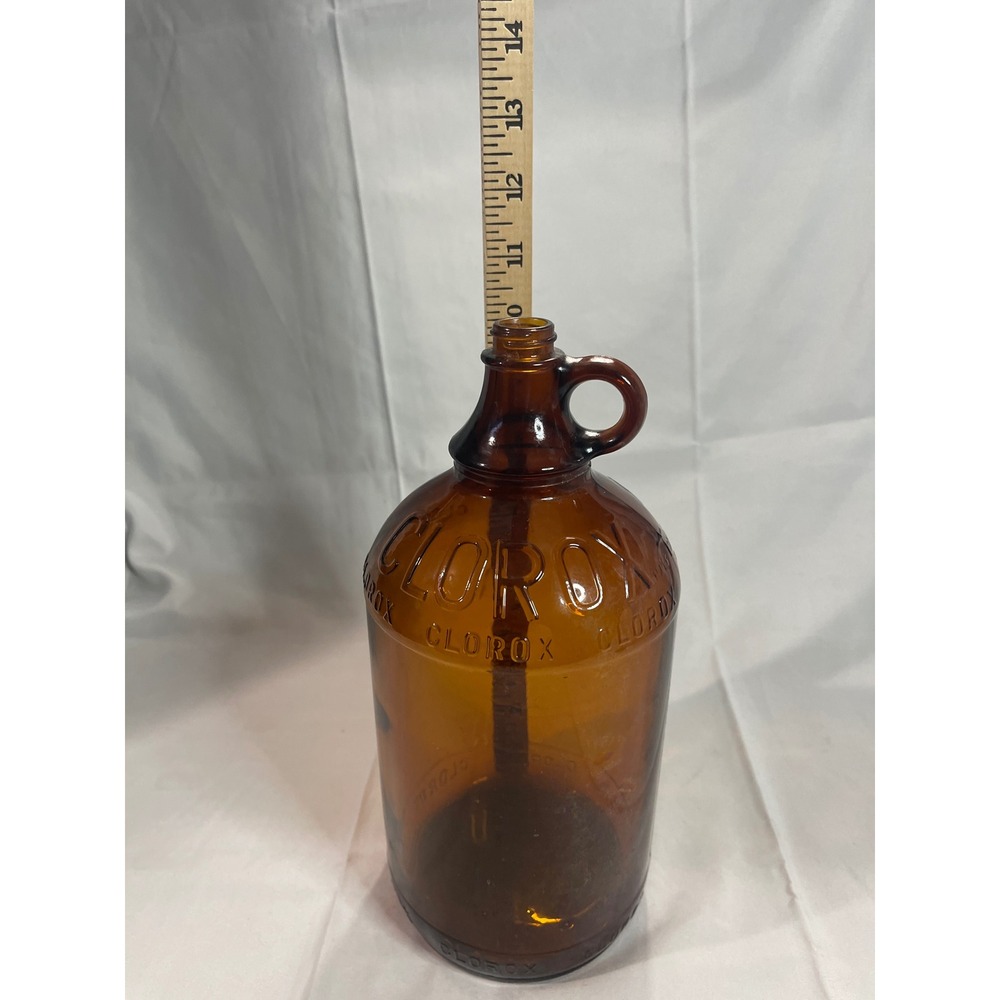 Vintage Clorox Amber Glass Bottle Embossed 32oz Jug Finger Loop Handle  10.5"